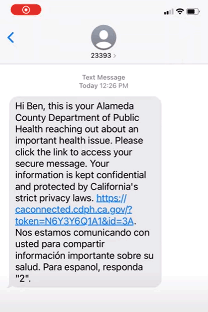 Screenshot of sample text message from Alameda County Public Health Department